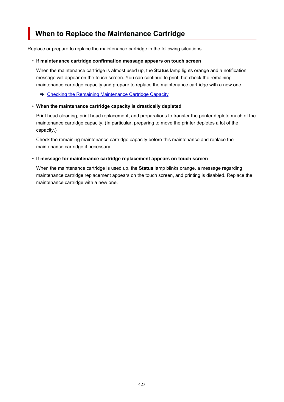 When to replace the maintenance cartridge | Canon imagePROGRAF TM-300 36" Large-Format Inkjet Printer with L36ei Scanner Kit User Manual | Page 423 / 947