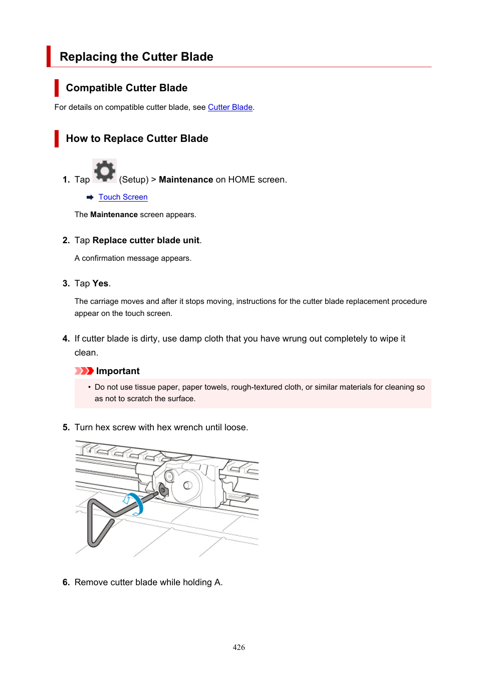 Replacing the cutter blade | Canon imagePROGRAF TM-300 36" Large-Format Inkjet Printer with L36ei Scanner Kit User Manual | Page 426 / 947