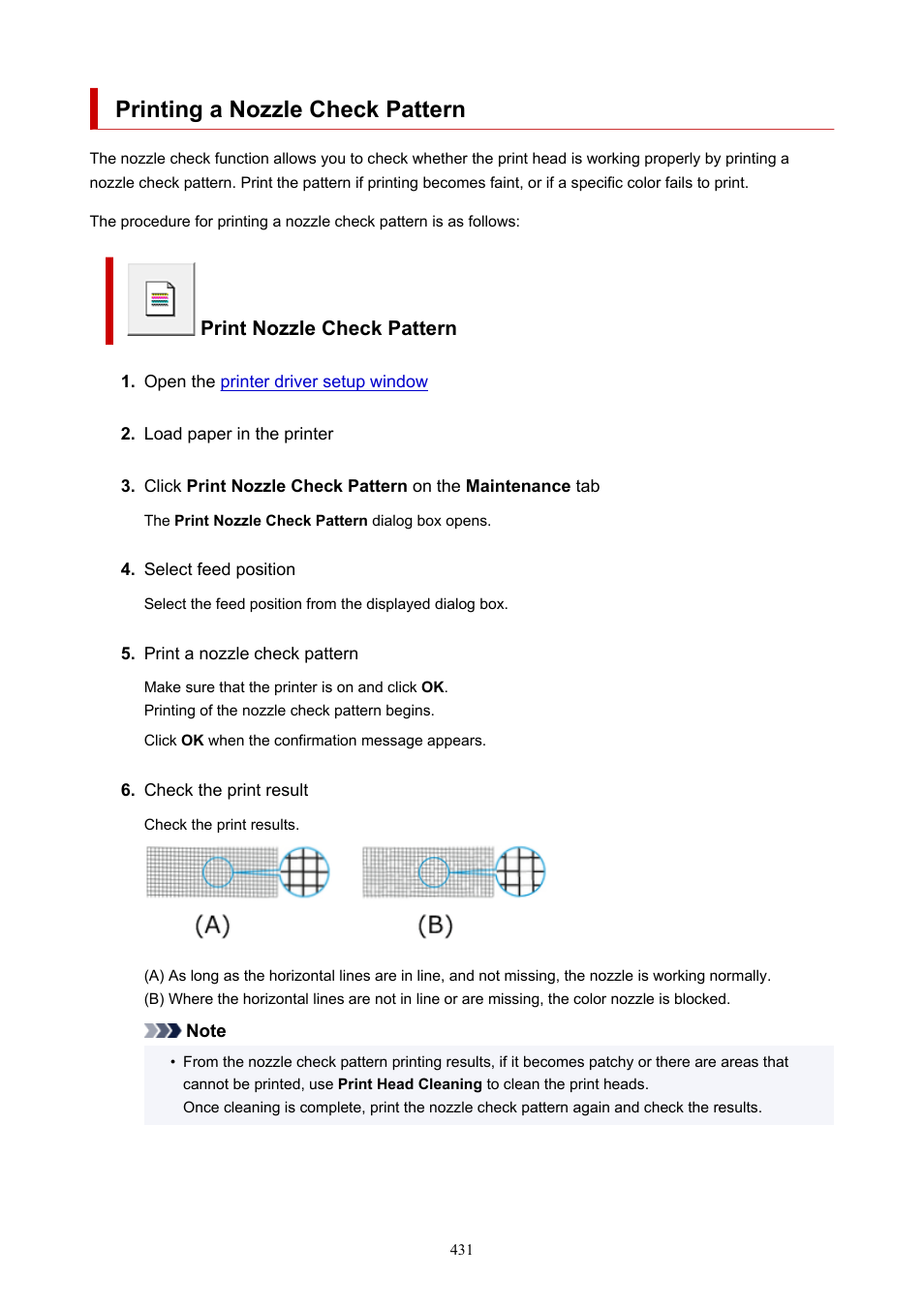 Printing a nozzle check pattern, Print nozzle check pattern | Canon imagePROGRAF TM-300 36" Large-Format Inkjet Printer with L36ei Scanner Kit User Manual | Page 431 / 947
