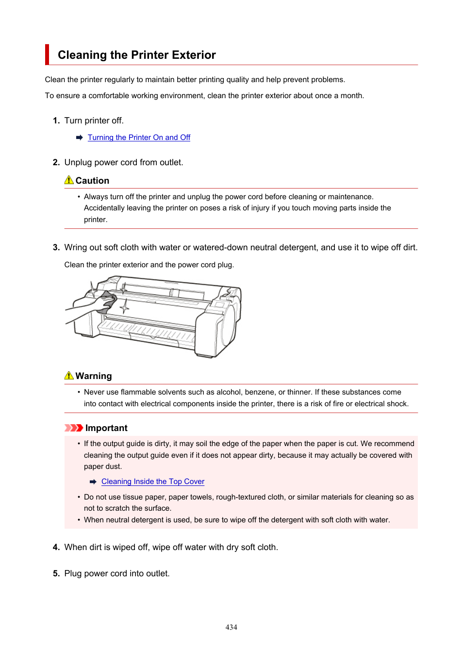 Cleaning the printer exterior | Canon imagePROGRAF TM-300 36" Large-Format Inkjet Printer with L36ei Scanner Kit User Manual | Page 434 / 947