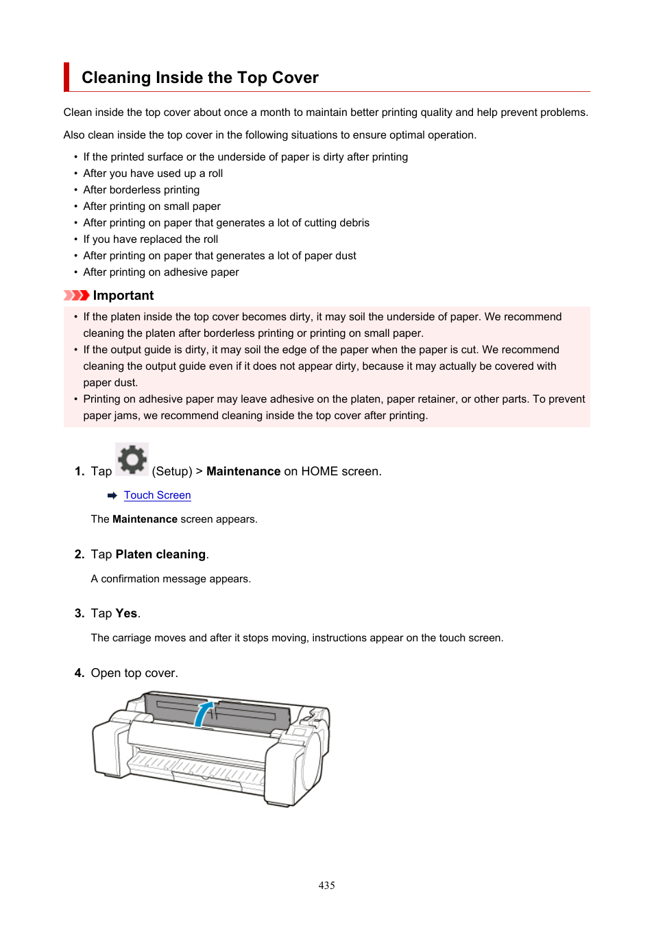 Cleaning inside the top cover, Cleaning inside the top, Cover | Canon imagePROGRAF TM-300 36" Large-Format Inkjet Printer with L36ei Scanner Kit User Manual | Page 435 / 947