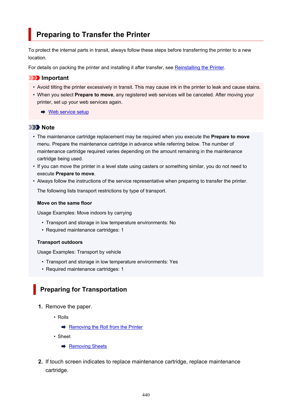 Preparing to transfer the printer, Preparing for transportation | Canon imagePROGRAF TM-300 36" Large-Format Inkjet Printer with L36ei Scanner Kit User Manual | Page 440 / 947