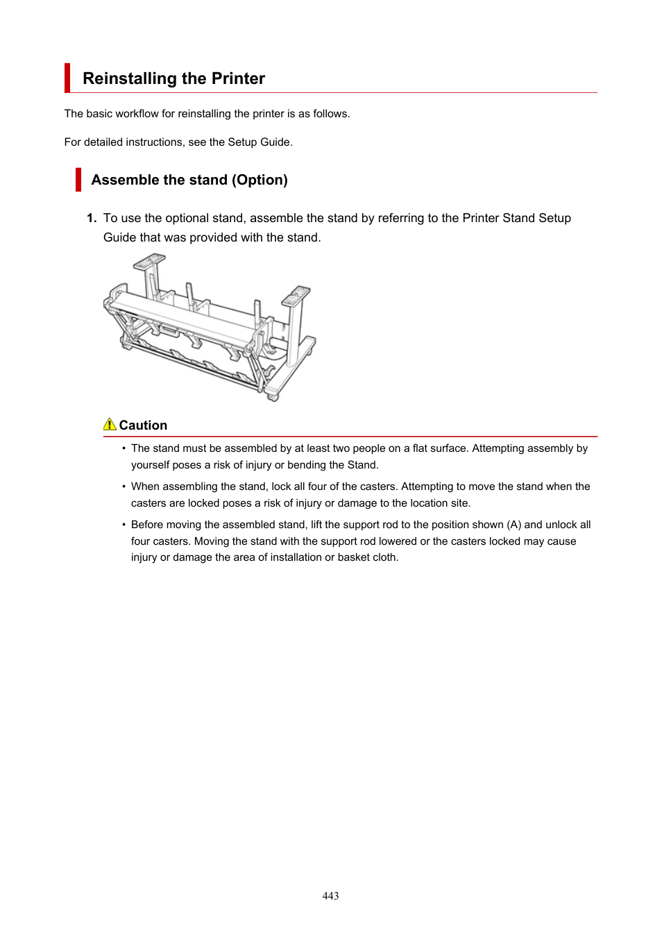 Reinstalling the printer, Printer and installing it after transfer, see | Canon imagePROGRAF TM-300 36" Large-Format Inkjet Printer with L36ei Scanner Kit User Manual | Page 443 / 947
