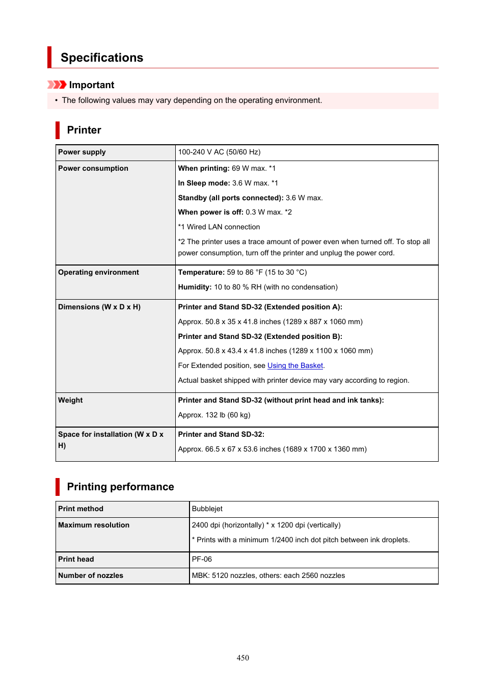 Specifications, Printer, Printing performance | Important | Canon imagePROGRAF TM-300 36" Large-Format Inkjet Printer with L36ei Scanner Kit User Manual | Page 450 / 947