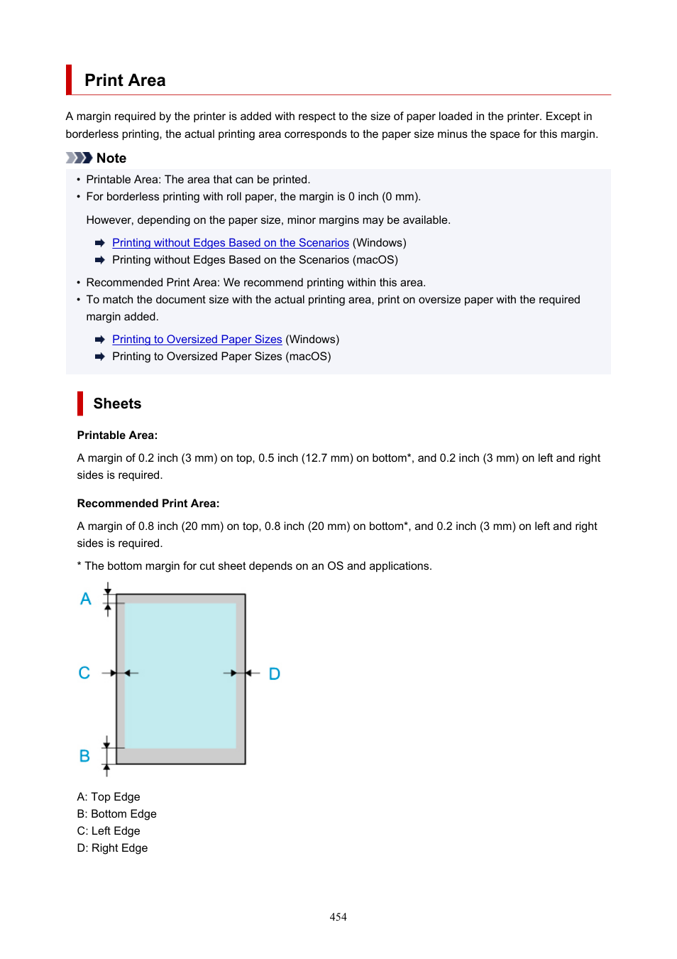 Print area, For details about print area, see | Canon imagePROGRAF TM-300 36" Large-Format Inkjet Printer with L36ei Scanner Kit User Manual | Page 454 / 947