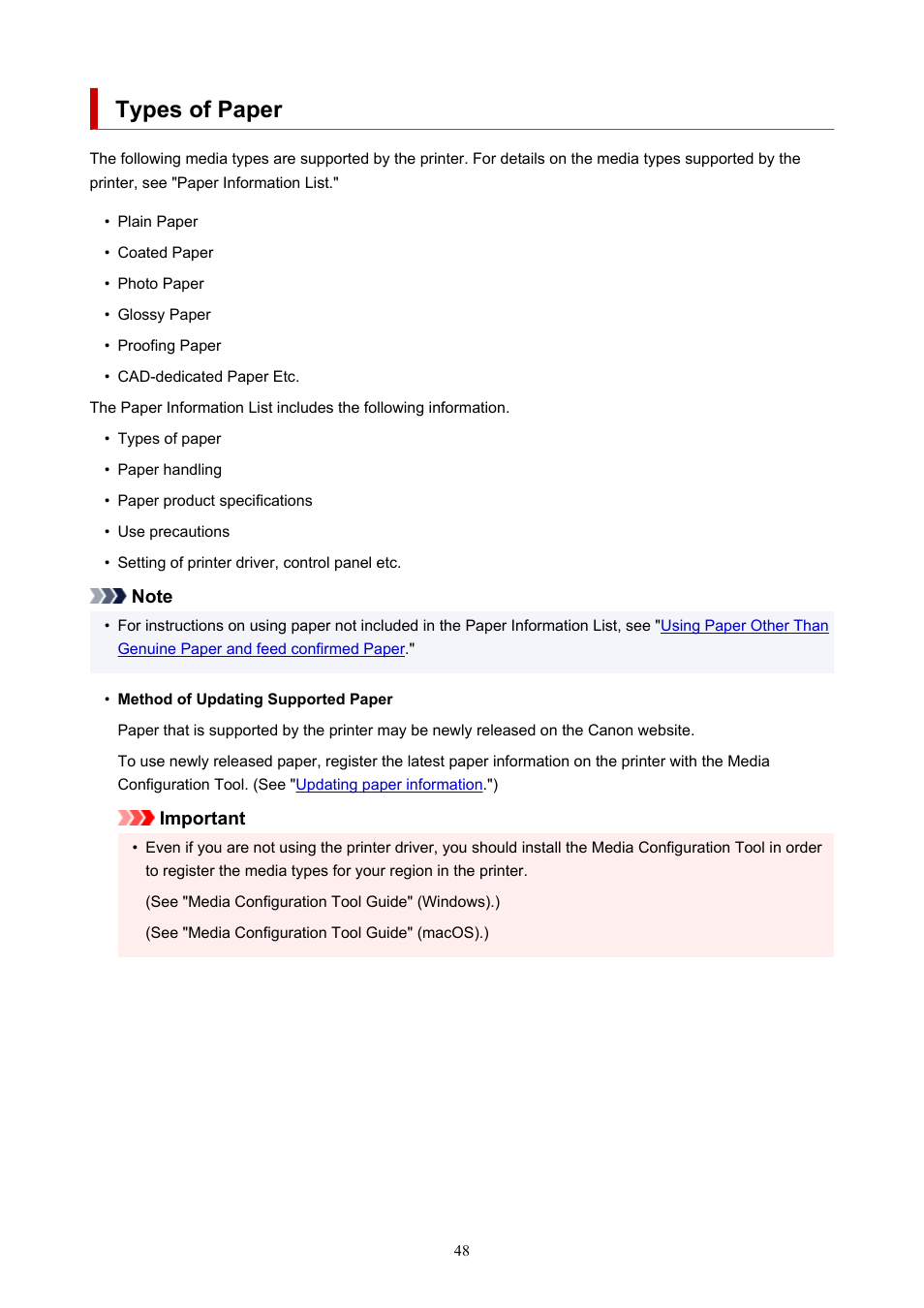 Types of paper | Canon imagePROGRAF TM-300 36" Large-Format Inkjet Printer with L36ei Scanner Kit User Manual | Page 48 / 947