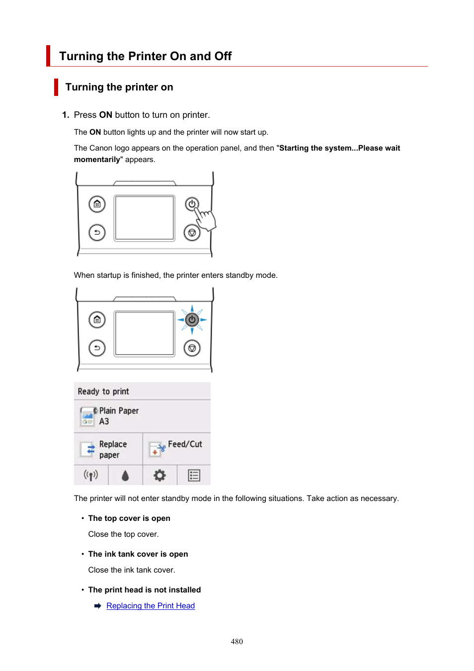 Turning the printer on and off, Make sure printer is turned on, Check that printer is turned on | Turning the printer on | Canon imagePROGRAF TM-300 36" Large-Format Inkjet Printer with L36ei Scanner Kit User Manual | Page 480 / 947