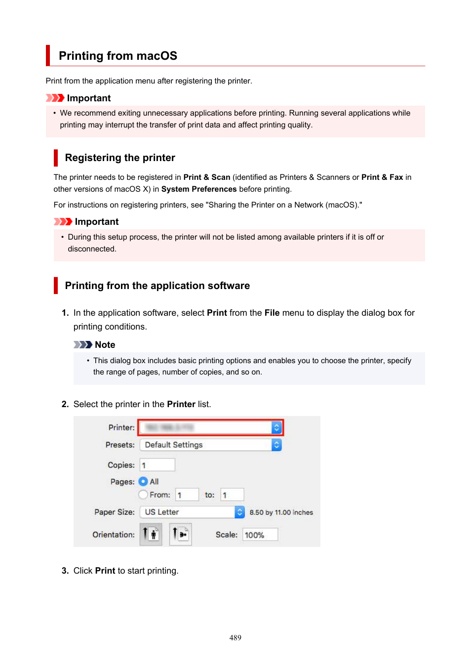 Printing from macos | Canon imagePROGRAF TM-300 36" Large-Format Inkjet Printer with L36ei Scanner Kit User Manual | Page 489 / 947