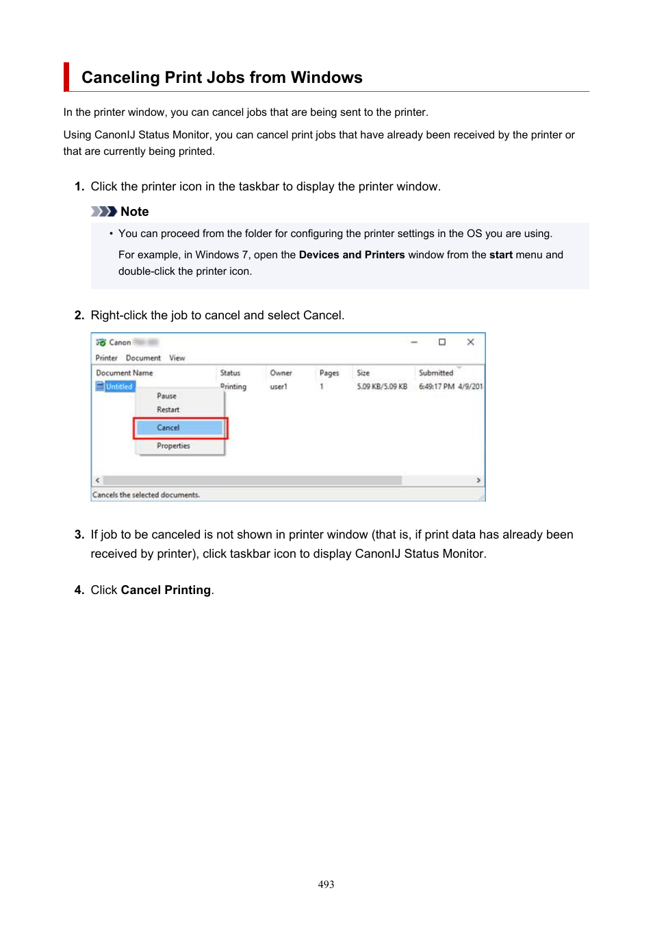 Canceling print jobs from windows | Canon imagePROGRAF TM-300 36" Large-Format Inkjet Printer with L36ei Scanner Kit User Manual | Page 493 / 947