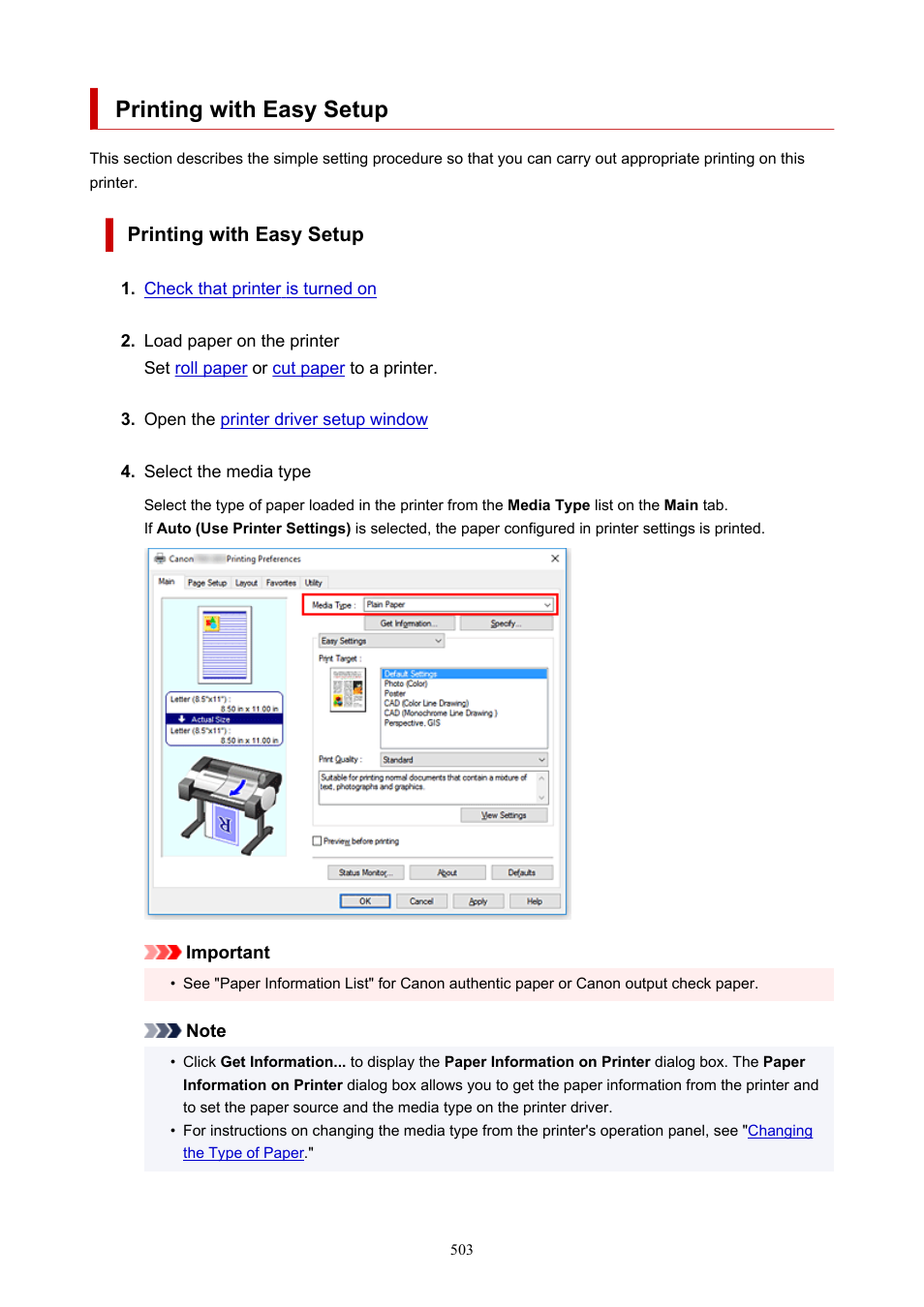 Printing with easy setup | Canon imagePROGRAF TM-300 36" Large-Format Inkjet Printer with L36ei Scanner Kit User Manual | Page 503 / 947