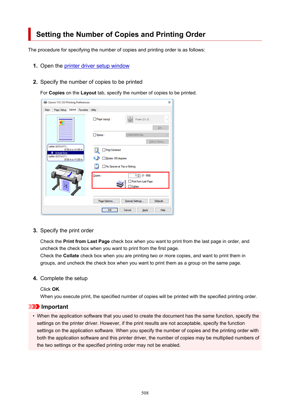 Setting the number of copies and printing order | Canon imagePROGRAF TM-300 36" Large-Format Inkjet Printer with L36ei Scanner Kit User Manual | Page 508 / 947