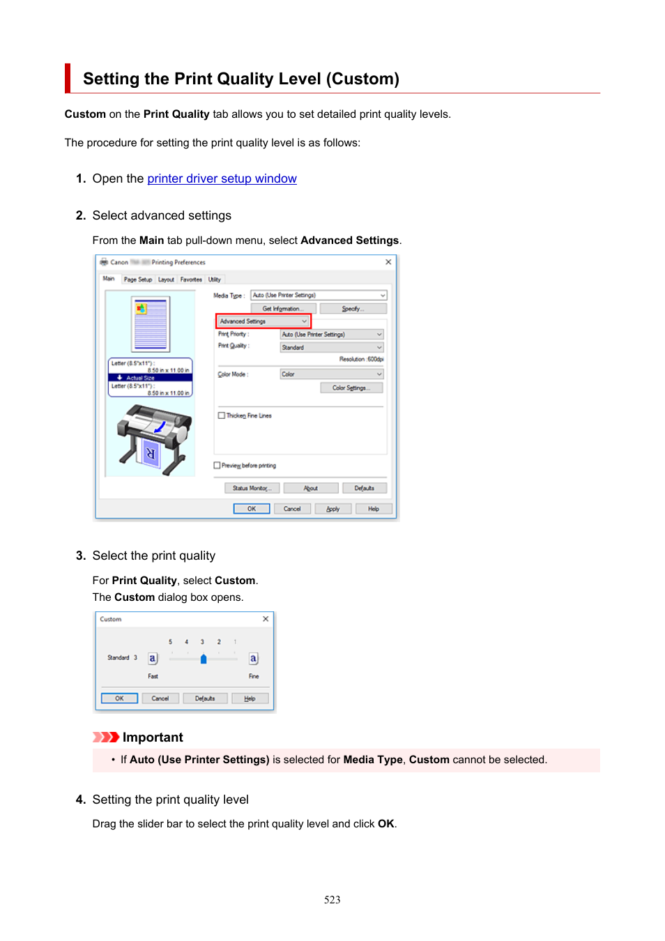 Setting the print quality level (custom) | Canon imagePROGRAF TM-300 36" Large-Format Inkjet Printer with L36ei Scanner Kit User Manual | Page 523 / 947