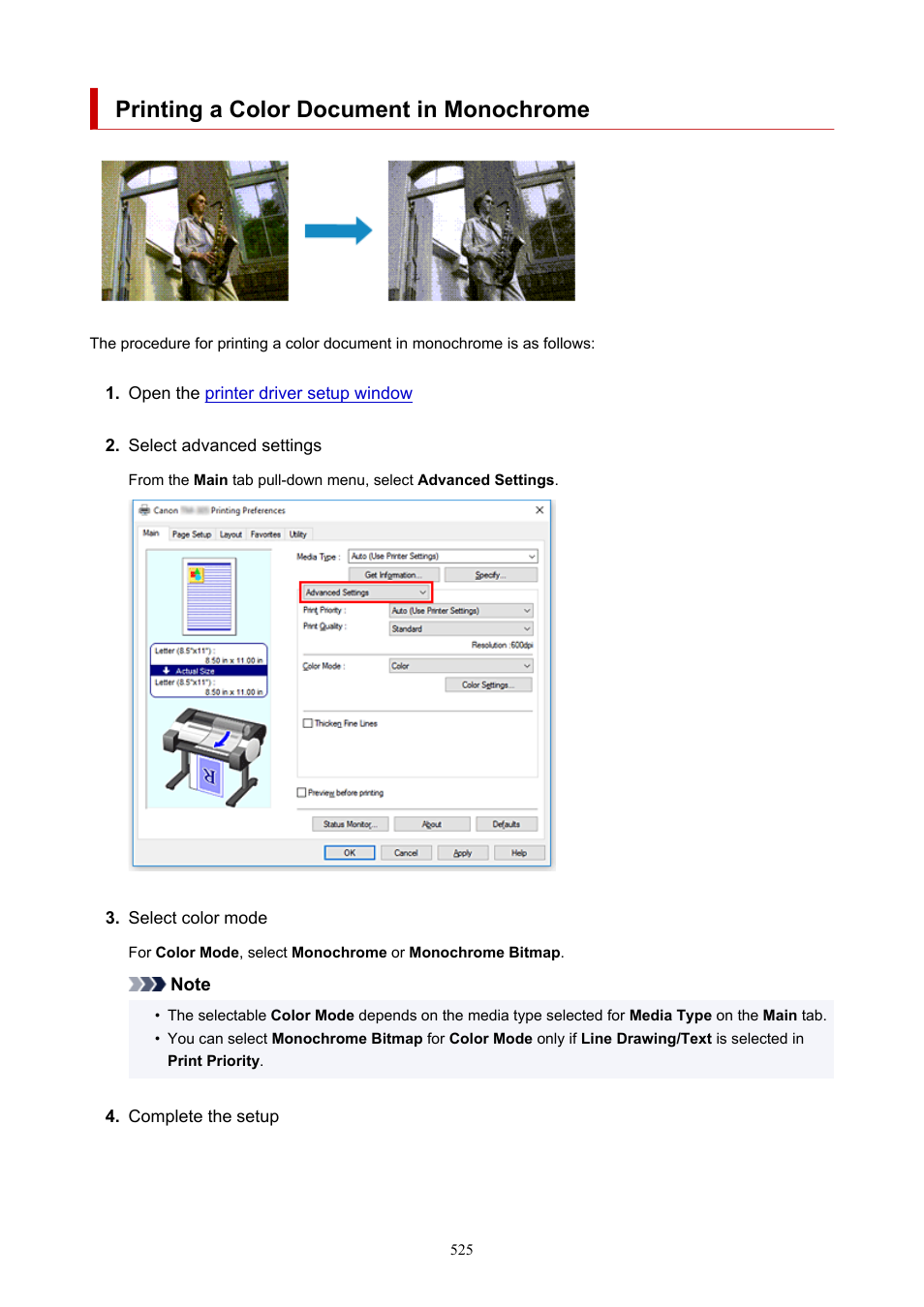 Printing a color document in monochrome | Canon imagePROGRAF TM-300 36" Large-Format Inkjet Printer with L36ei Scanner Kit User Manual | Page 525 / 947