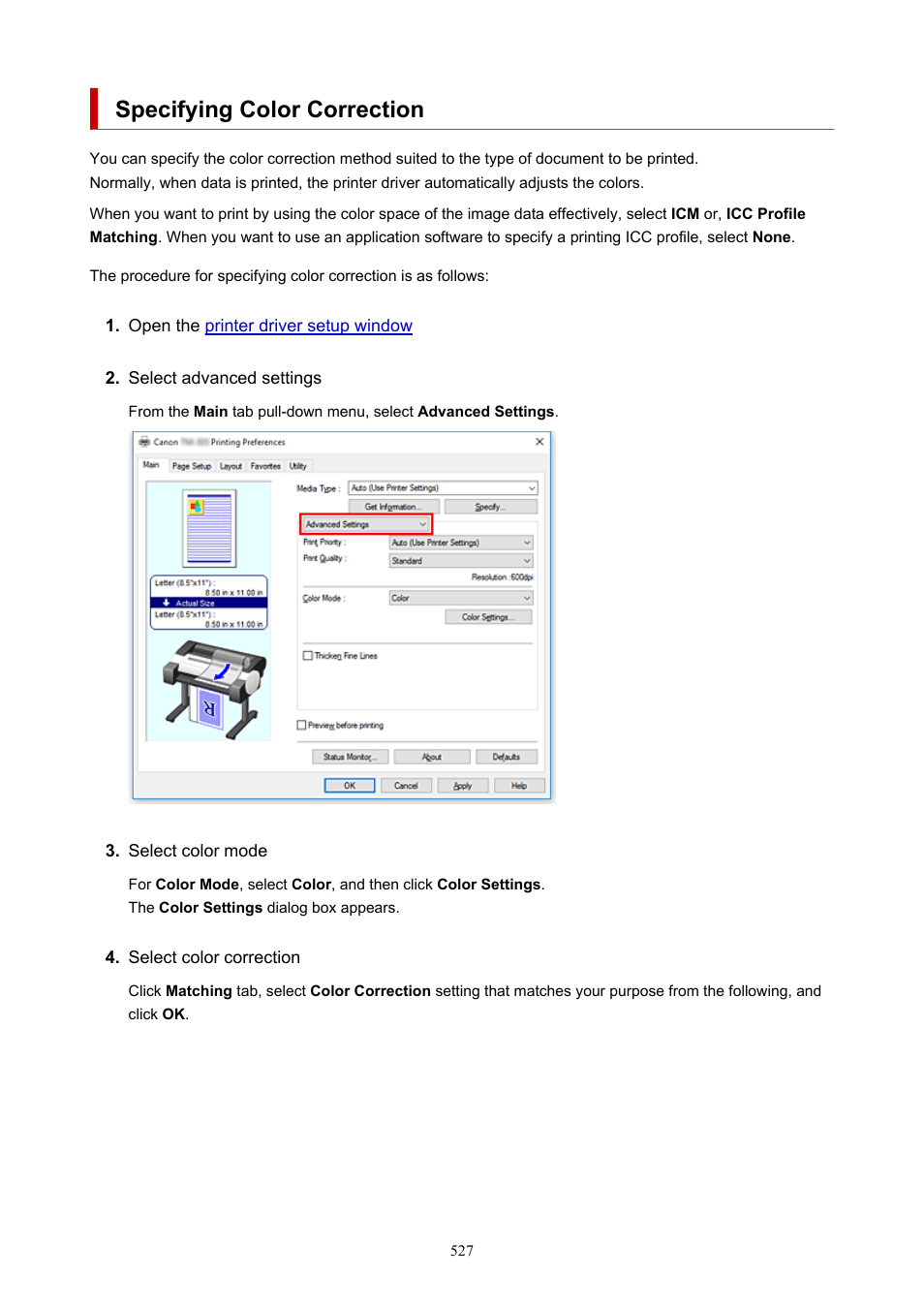 Specifying color correction | Canon imagePROGRAF TM-300 36" Large-Format Inkjet Printer with L36ei Scanner Kit User Manual | Page 527 / 947