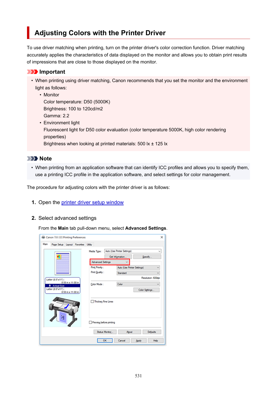 Adjusting colors with the printer driver | Canon imagePROGRAF TM-300 36" Large-Format Inkjet Printer with L36ei Scanner Kit User Manual | Page 531 / 947