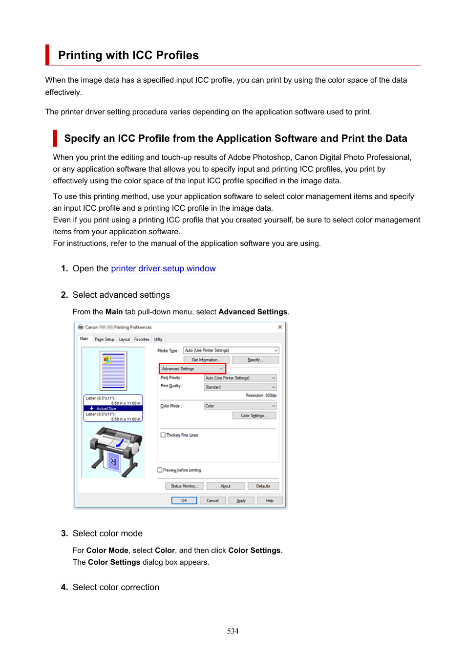 Printing with icc profiles | Canon imagePROGRAF TM-300 36" Large-Format Inkjet Printer with L36ei Scanner Kit User Manual | Page 534 / 947