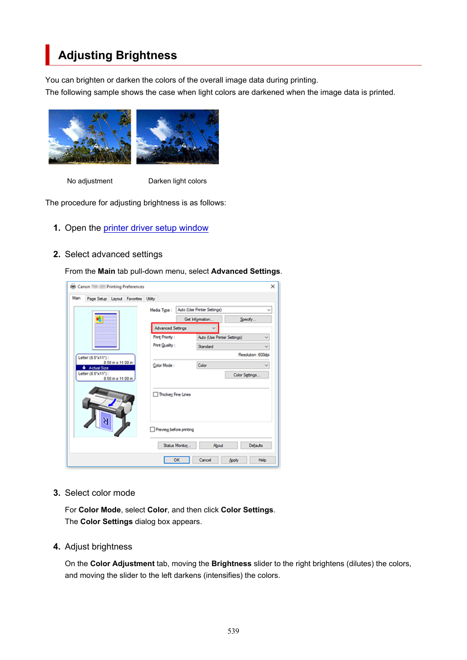 Adjusting brightness | Canon imagePROGRAF TM-300 36" Large-Format Inkjet Printer with L36ei Scanner Kit User Manual | Page 539 / 947