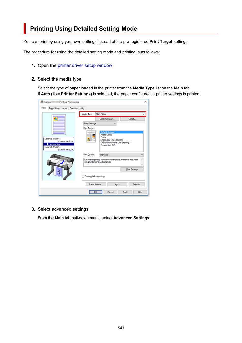 Printing using detailed setting mode | Canon imagePROGRAF TM-300 36" Large-Format Inkjet Printer with L36ei Scanner Kit User Manual | Page 543 / 947