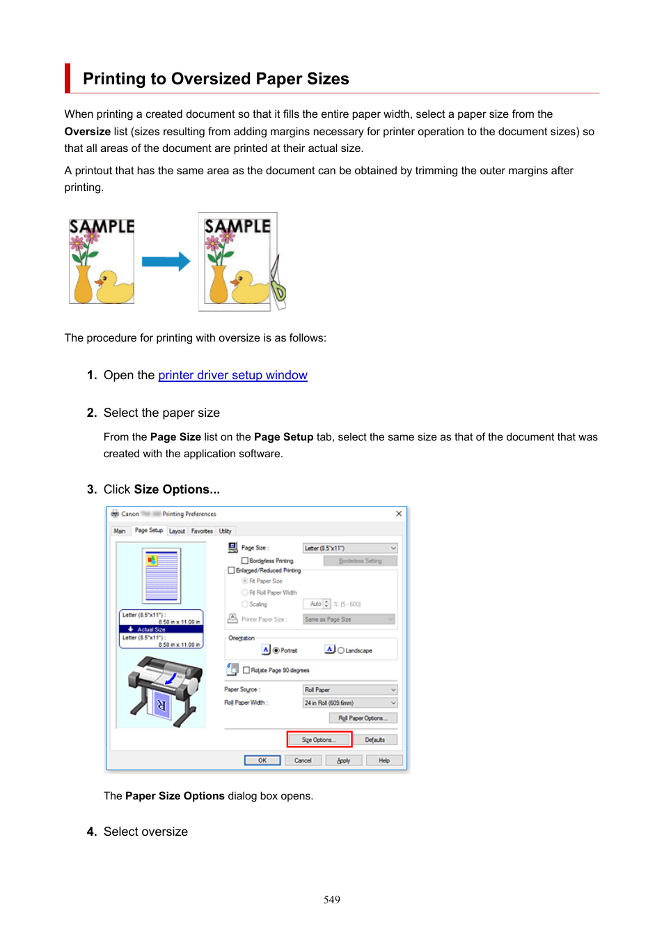 Printing to oversized paper sizes | Canon imagePROGRAF TM-300 36" Large-Format Inkjet Printer with L36ei Scanner Kit User Manual | Page 549 / 947