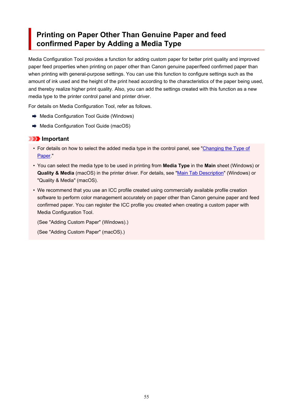 Adding a media type, Confirmed paper by adding a media type, You are using. for details, see | Paper by adding a media type | Canon imagePROGRAF TM-300 36" Large-Format Inkjet Printer with L36ei Scanner Kit User Manual | Page 55 / 947