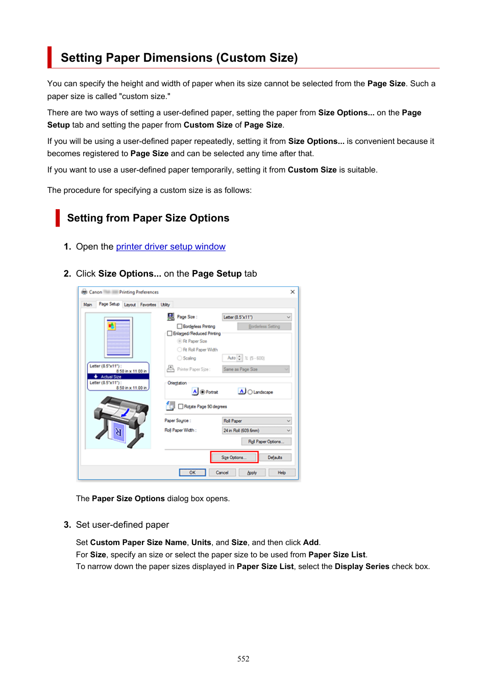 Setting paper dimensions (custom size), Setting from paper size options | Canon imagePROGRAF TM-300 36" Large-Format Inkjet Printer with L36ei Scanner Kit User Manual | Page 552 / 947