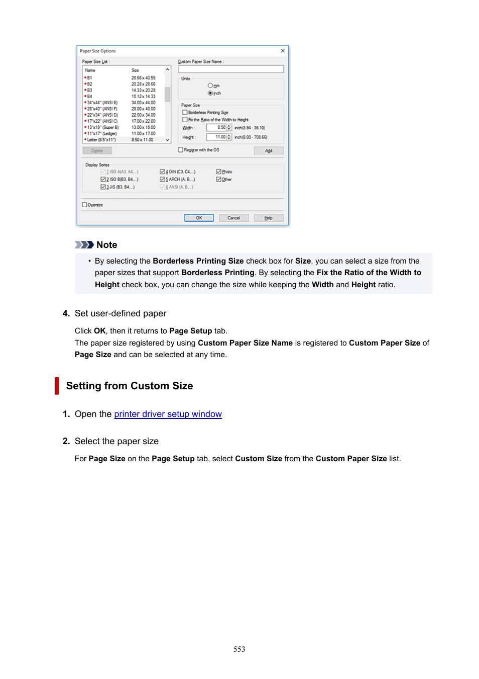 Setting from custom size | Canon imagePROGRAF TM-300 36" Large-Format Inkjet Printer with L36ei Scanner Kit User Manual | Page 553 / 947