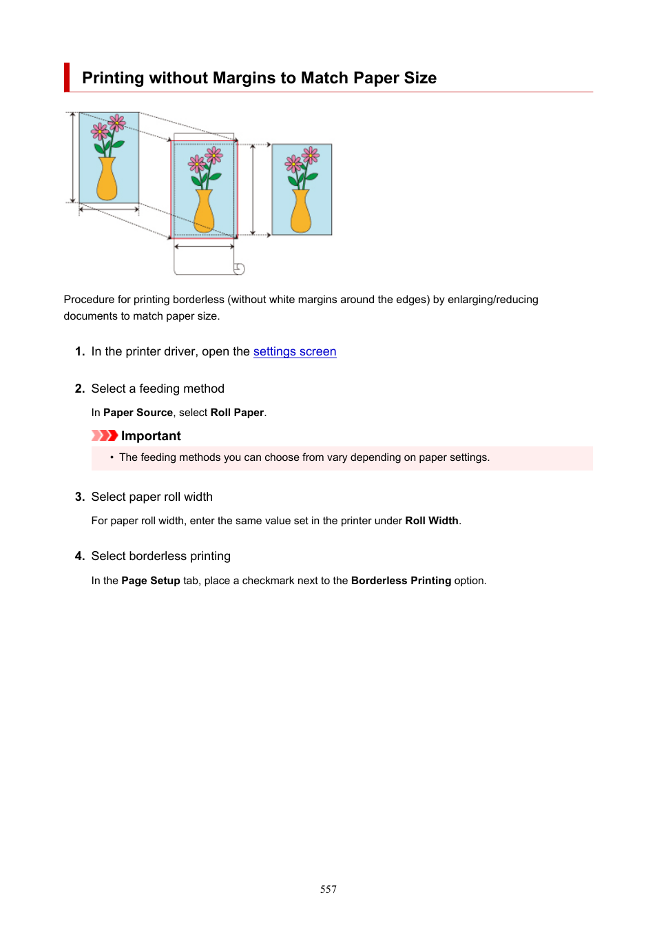 Printing without margins to match paper size | Canon imagePROGRAF TM-300 36" Large-Format Inkjet Printer with L36ei Scanner Kit User Manual | Page 557 / 947