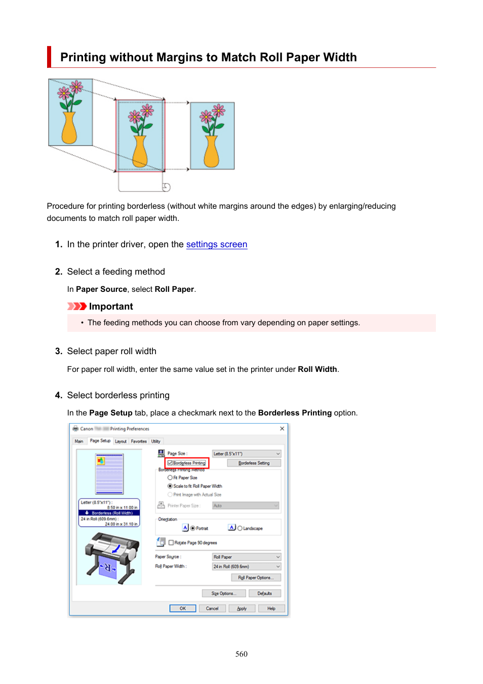 Printing without margins to match roll paper width | Canon imagePROGRAF TM-300 36" Large-Format Inkjet Printer with L36ei Scanner Kit User Manual | Page 560 / 947