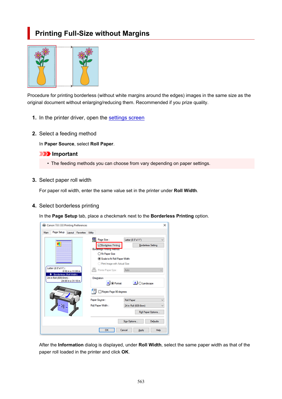 Printing full-size without margins | Canon imagePROGRAF TM-300 36" Large-Format Inkjet Printer with L36ei Scanner Kit User Manual | Page 563 / 947