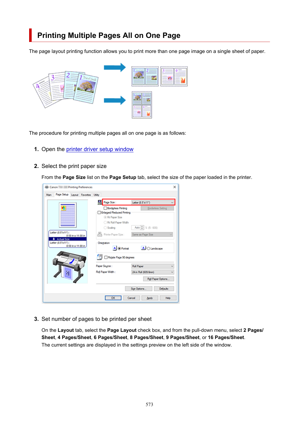 Printing multiple pages all on one page | Canon imagePROGRAF TM-300 36" Large-Format Inkjet Printer with L36ei Scanner Kit User Manual | Page 573 / 947