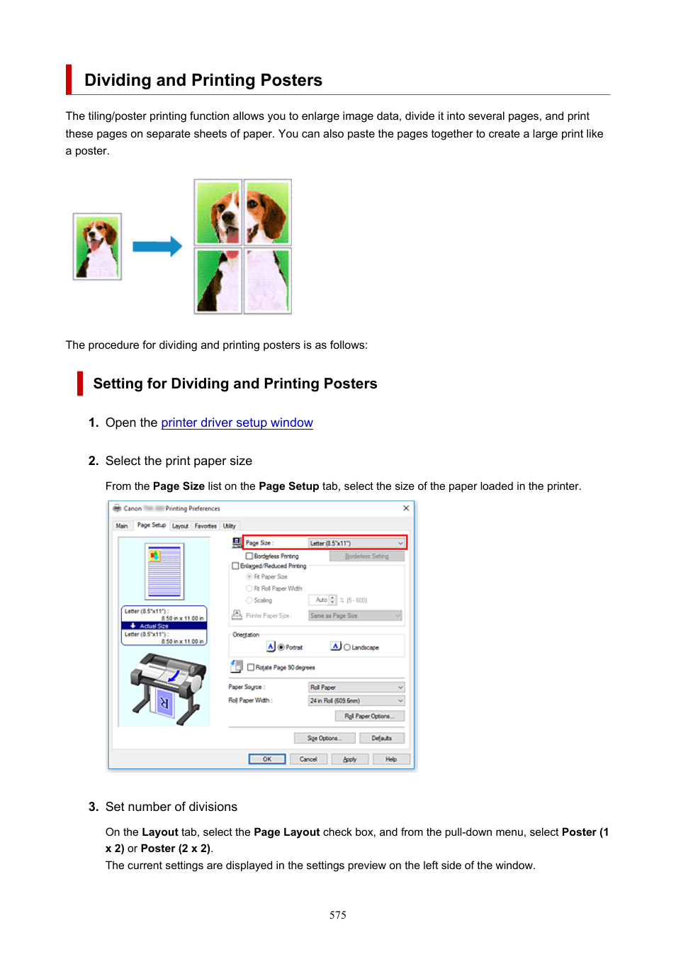 Dividing and printing posters, Setting for dividing and printing posters | Canon imagePROGRAF TM-300 36" Large-Format Inkjet Printer with L36ei Scanner Kit User Manual | Page 575 / 947