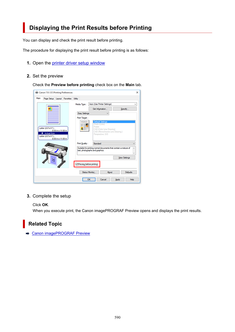 Displaying the print results before printing, Related topic | Canon imagePROGRAF TM-300 36" Large-Format Inkjet Printer with L36ei Scanner Kit User Manual | Page 590 / 947