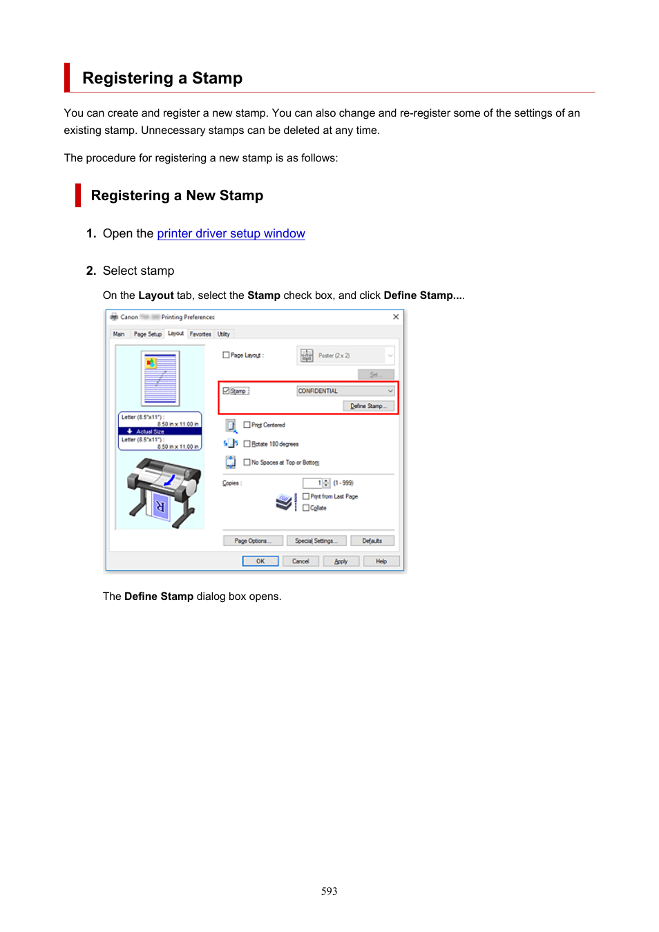 Registering a stamp, Registering a new stamp | Canon imagePROGRAF TM-300 36" Large-Format Inkjet Printer with L36ei Scanner Kit User Manual | Page 593 / 947