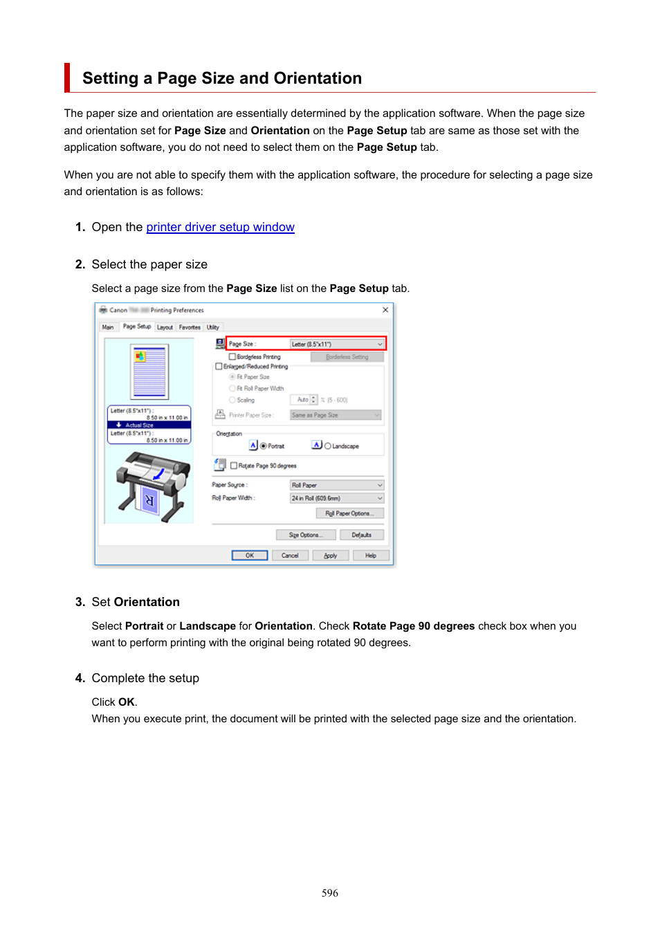 Setting a page size and orientation | Canon imagePROGRAF TM-300 36" Large-Format Inkjet Printer with L36ei Scanner Kit User Manual | Page 596 / 947