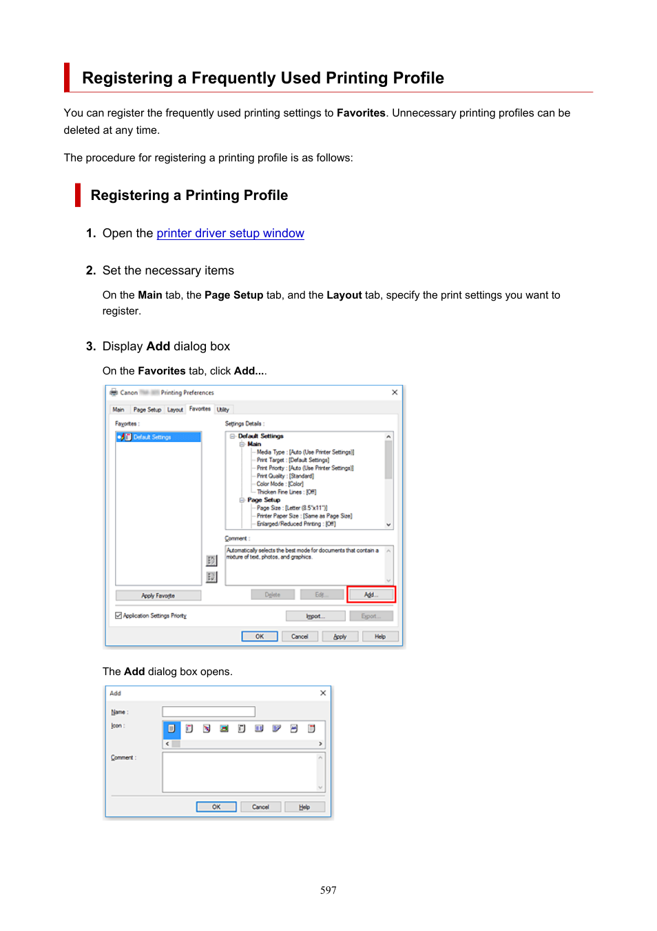 Registering a frequently used printing profile, Registering a printing profile | Canon imagePROGRAF TM-300 36" Large-Format Inkjet Printer with L36ei Scanner Kit User Manual | Page 597 / 947