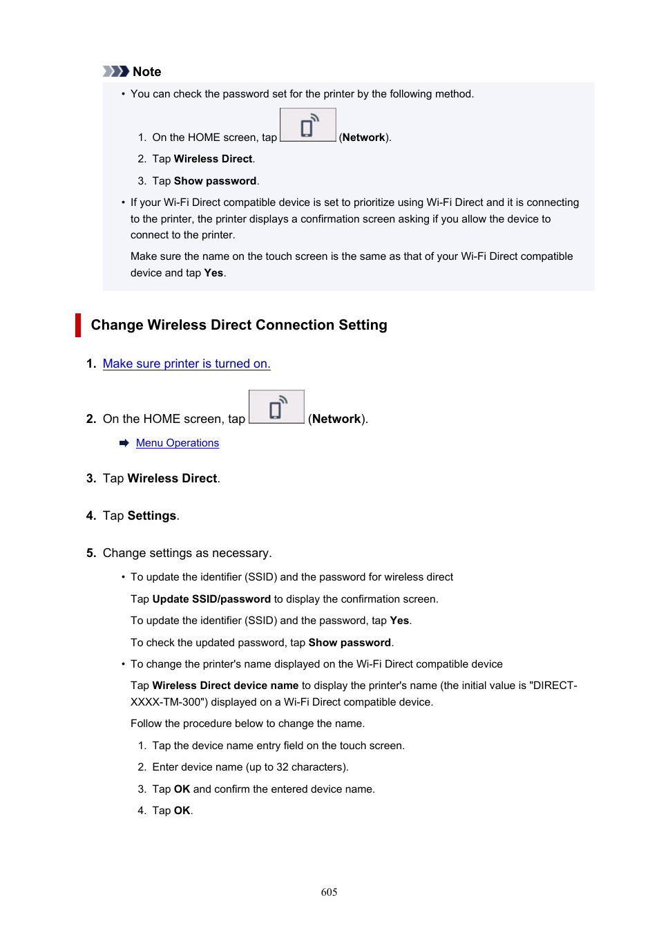 Compatible device, see, Change wireless direct connection setting | Canon imagePROGRAF TM-300 36" Large-Format Inkjet Printer with L36ei Scanner Kit User Manual | Page 605 / 947