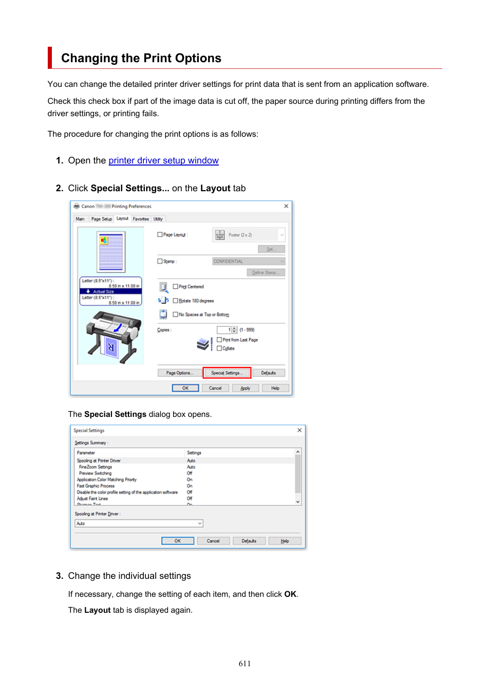 Changing the print options | Canon imagePROGRAF TM-300 36" Large-Format Inkjet Printer with L36ei Scanner Kit User Manual | Page 611 / 947