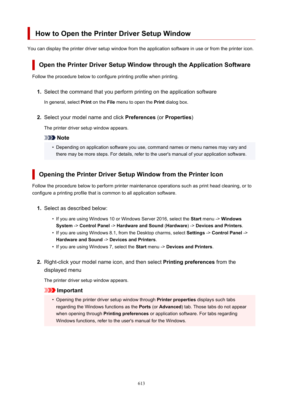 How to open the printer driver setup window, How to open the printer driver, Setup window | Printer driver setup window | Canon imagePROGRAF TM-300 36" Large-Format Inkjet Printer with L36ei Scanner Kit User Manual | Page 613 / 947