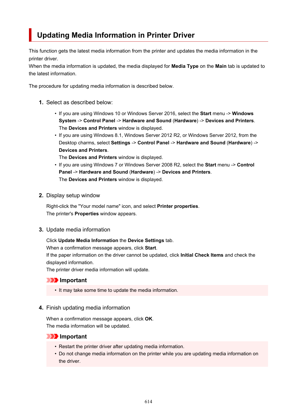 Updating media information in printer driver | Canon imagePROGRAF TM-300 36" Large-Format Inkjet Printer with L36ei Scanner Kit User Manual | Page 614 / 947