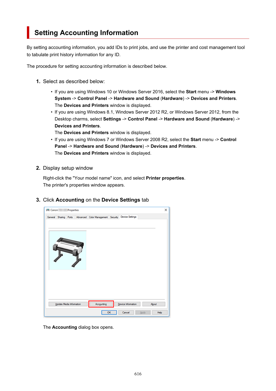 Setting accounting information | Canon imagePROGRAF TM-300 36" Large-Format Inkjet Printer with L36ei Scanner Kit User Manual | Page 616 / 947