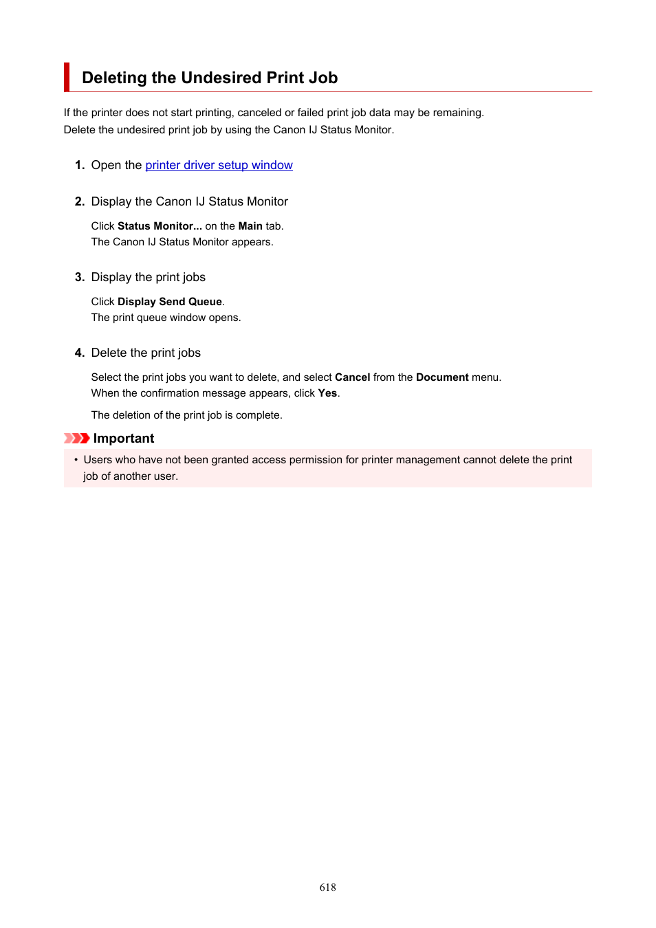 Deleting the undesired print job | Canon imagePROGRAF TM-300 36" Large-Format Inkjet Printer with L36ei Scanner Kit User Manual | Page 618 / 947