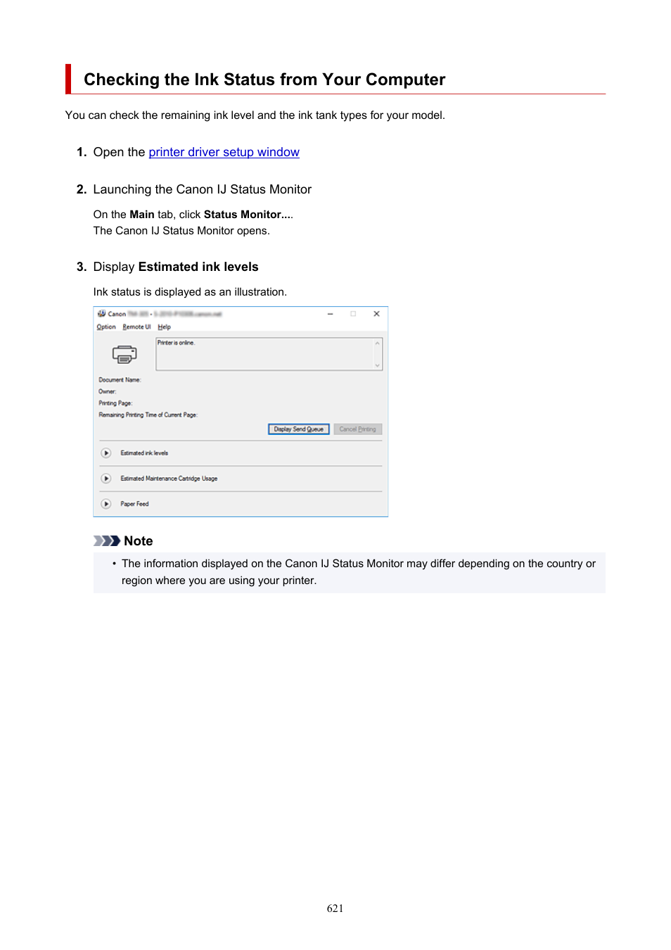 Checking the ink status from your computer | Canon imagePROGRAF TM-300 36" Large-Format Inkjet Printer with L36ei Scanner Kit User Manual | Page 621 / 947