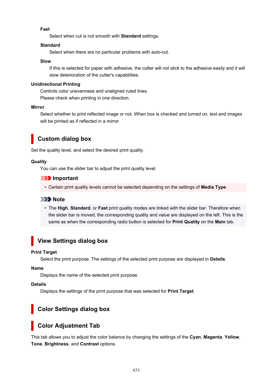 Opens the, Custom, Dialog box | View settings, Color settings, Custom dialog box, View settings dialog box, Color settings dialog box color adjustment tab | Canon imagePROGRAF TM-300 36" Large-Format Inkjet Printer with L36ei Scanner Kit User Manual | Page 631 / 947