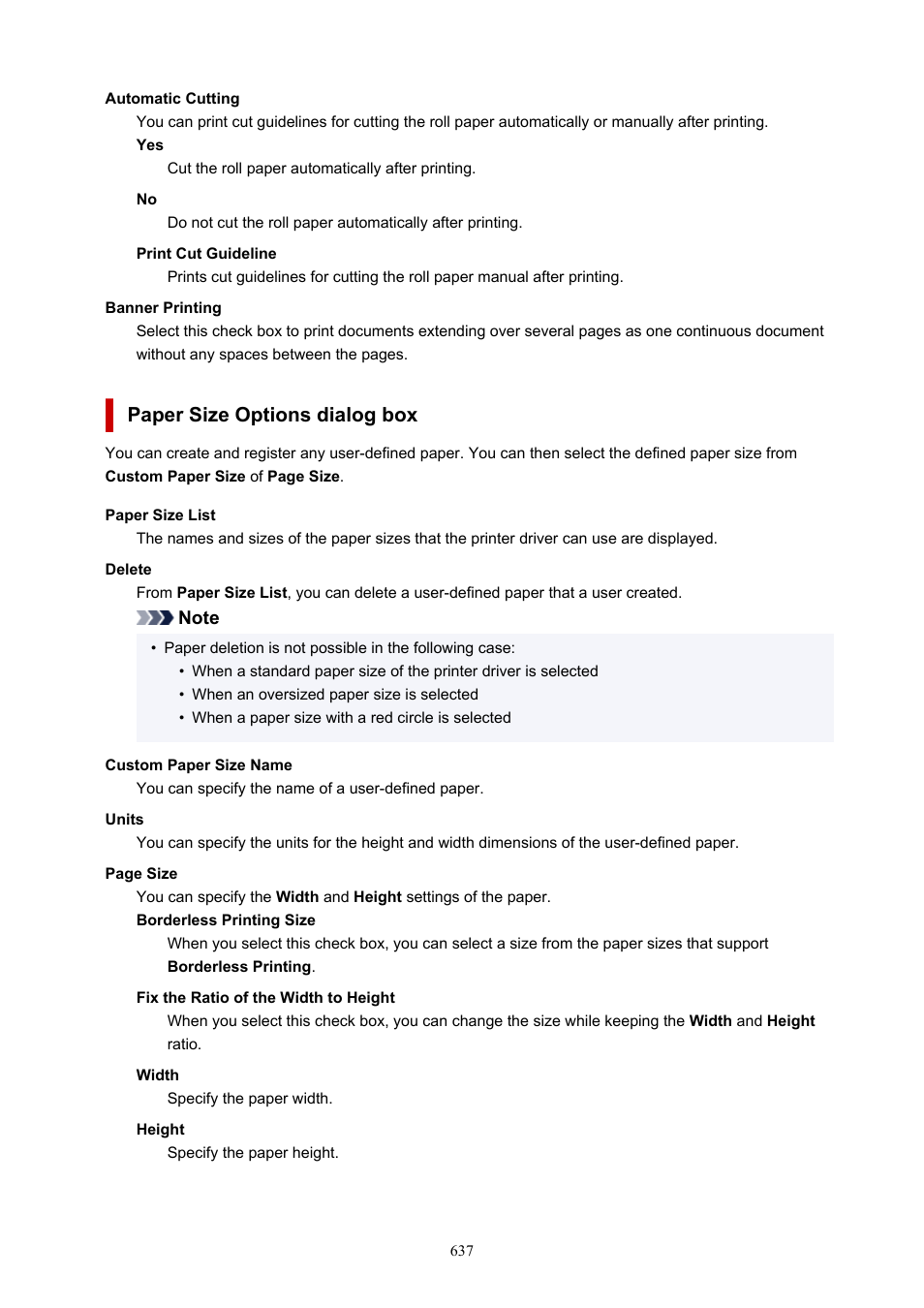 Displays the, Paper size options, Dialog box | Paper size options dialog box | Canon imagePROGRAF TM-300 36" Large-Format Inkjet Printer with L36ei Scanner Kit User Manual | Page 637 / 947