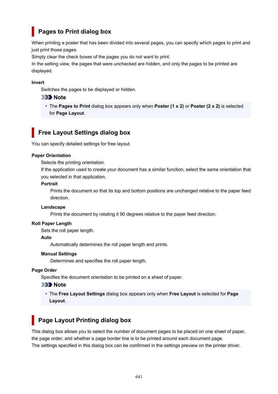 Opens the, Dialog box, Free layout settings | Pages to print dialog box, Free layout settings dialog box, Page layout printing dialog box | Canon imagePROGRAF TM-300 36" Large-Format Inkjet Printer with L36ei Scanner Kit User Manual | Page 641 / 947