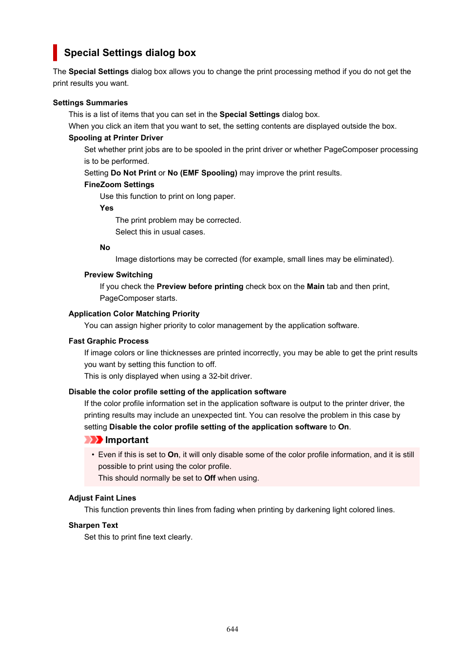 Opens the, Special settings, Dialog box | Special settings dialog box | Canon imagePROGRAF TM-300 36" Large-Format Inkjet Printer with L36ei Scanner Kit User Manual | Page 644 / 947