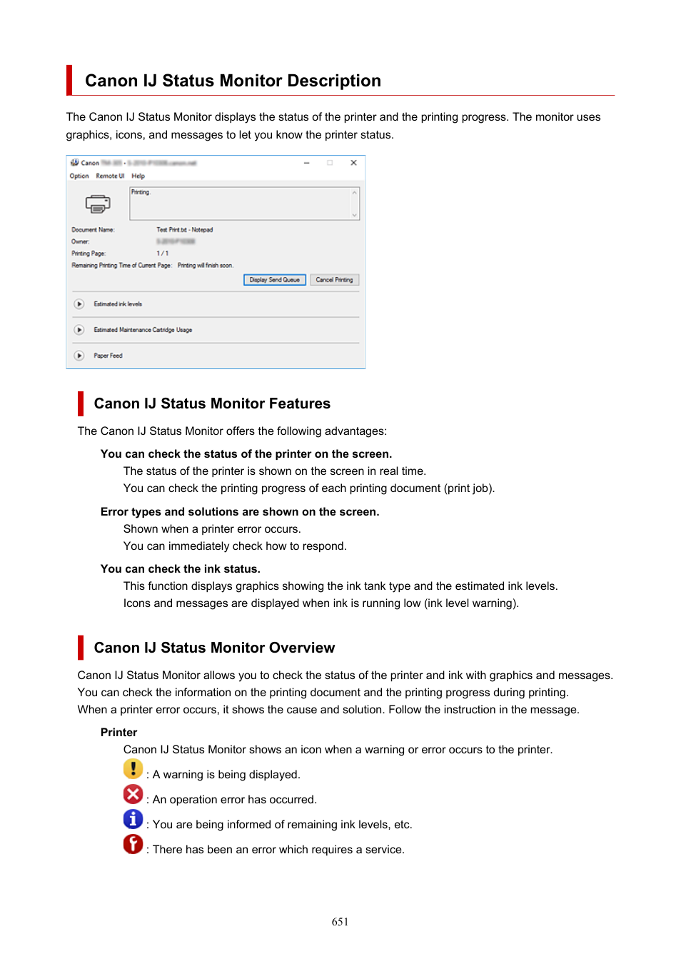 Canon ij status monitor description | Canon imagePROGRAF TM-300 36" Large-Format Inkjet Printer with L36ei Scanner Kit User Manual | Page 651 / 947