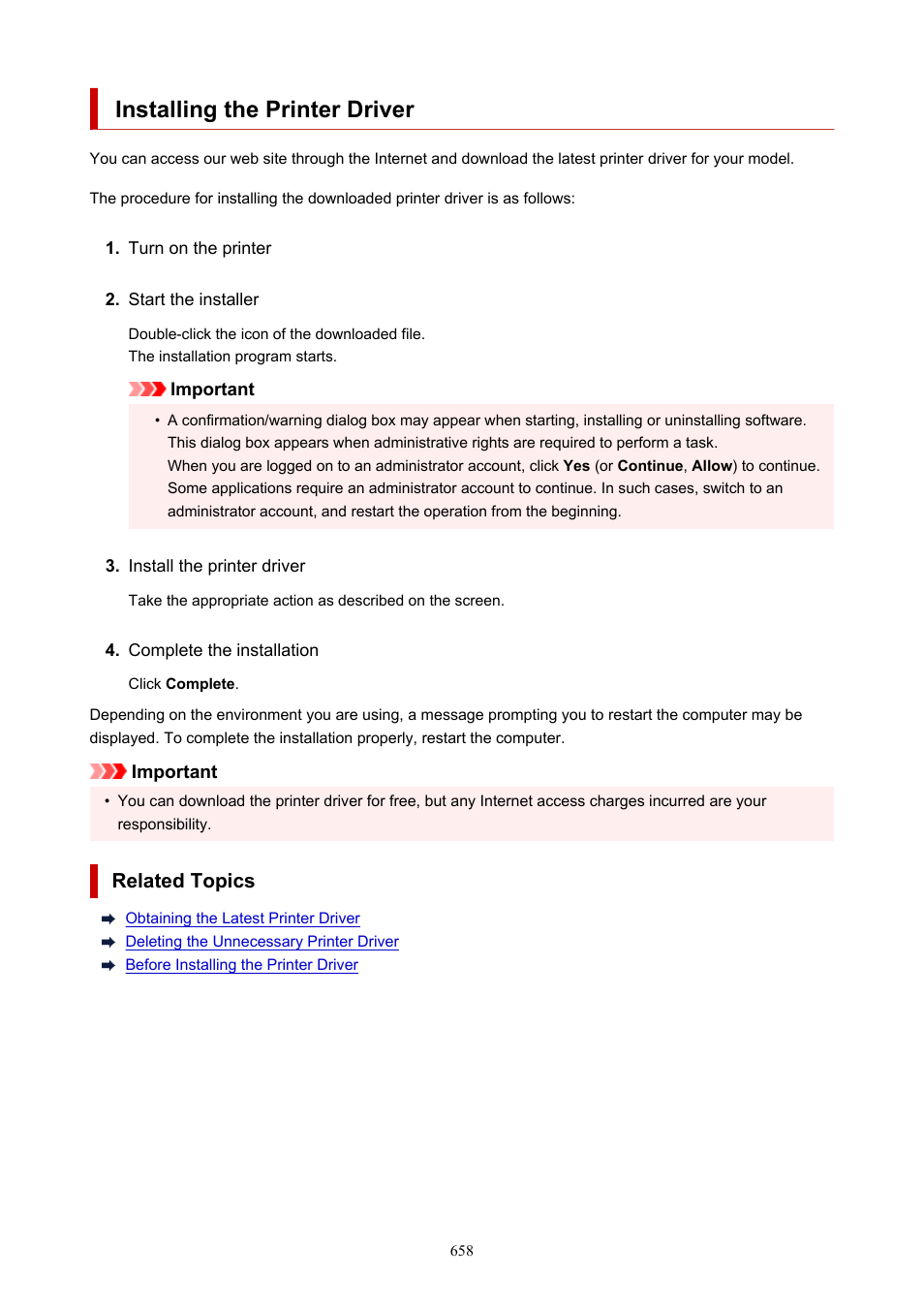 Installing the printer driver, Windows).), Related topics | Canon imagePROGRAF TM-300 36" Large-Format Inkjet Printer with L36ei Scanner Kit User Manual | Page 658 / 947