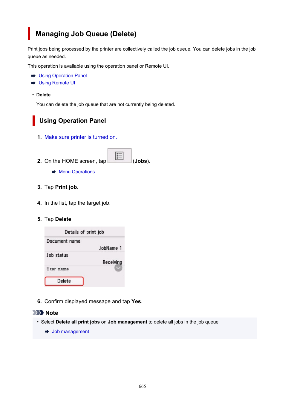 Managing job queue (delete) | Canon imagePROGRAF TM-300 36" Large-Format Inkjet Printer with L36ei Scanner Kit User Manual | Page 665 / 947