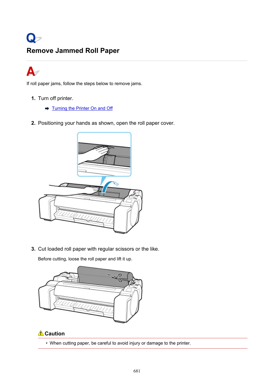 Remove jammed roll paper | Canon imagePROGRAF TM-300 36" Large-Format Inkjet Printer with L36ei Scanner Kit User Manual | Page 681 / 947